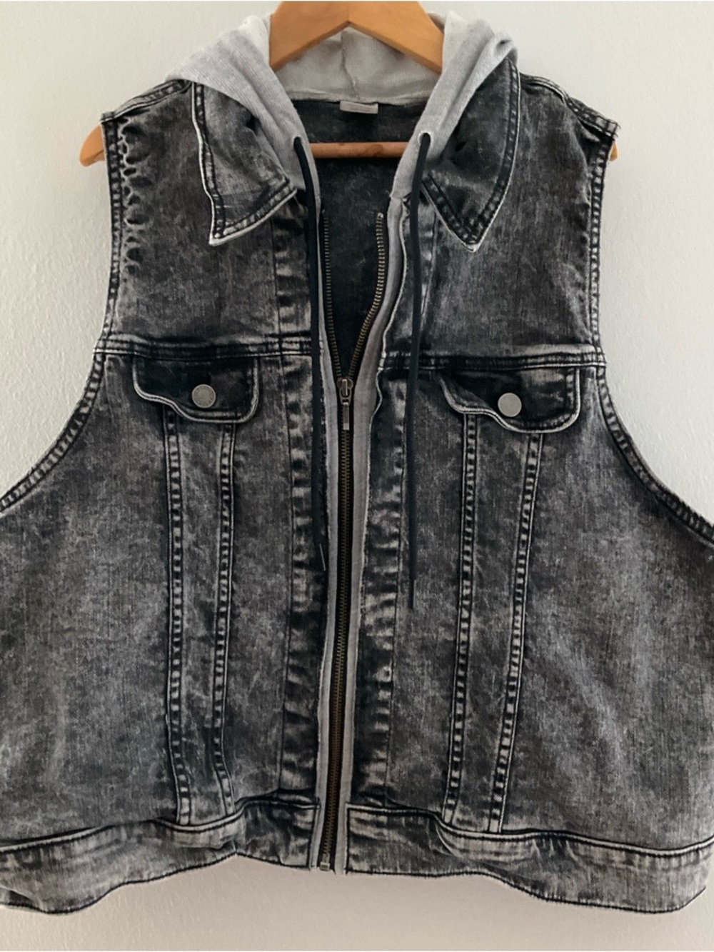Zumba Fitness XXLovely Black Acid-Wash Denim Vest with Gray Hood Accent